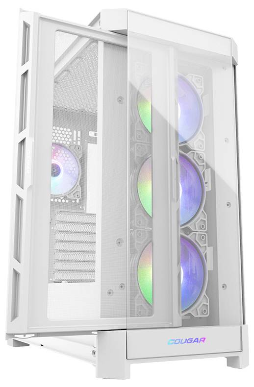 Białe obudowie komputera z przezroczystą boczną ścianką, prezentującej trzy wentylatory z podświetleniem RGB.