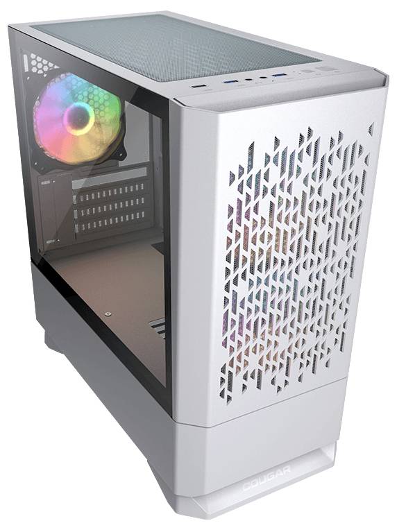Białe obudowy komputerowe z oknem bocznym i wentylatorem podświetlonym RGB, nowoczesny design do budowy PC, prezentujący elementy cyrkulacji powietrza.