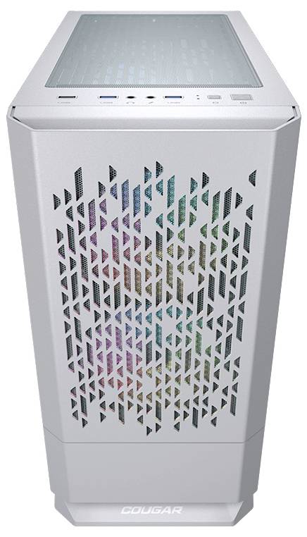Biały wieżowy komputer z geometrycznie ukształtowanymi otworami wentylacyjnymi i zintegrowanym podświetleniem RGB. Na górze znajdują się gniazda USB i audio.