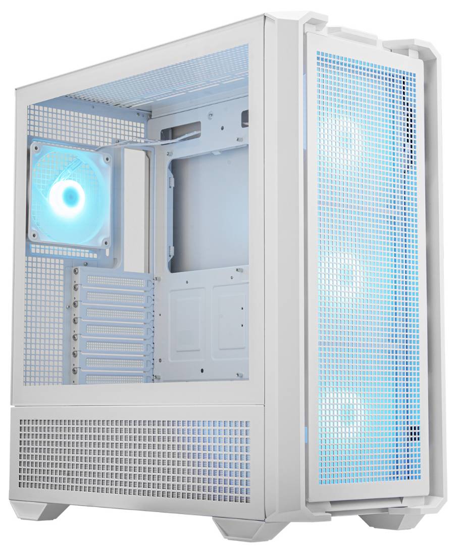 Białe obudowa komputera z przezroczystym panelem bocznym. Z przodu widać trzy niebieskie wentylatory LED, a z tyłu jeden dodatkowy.