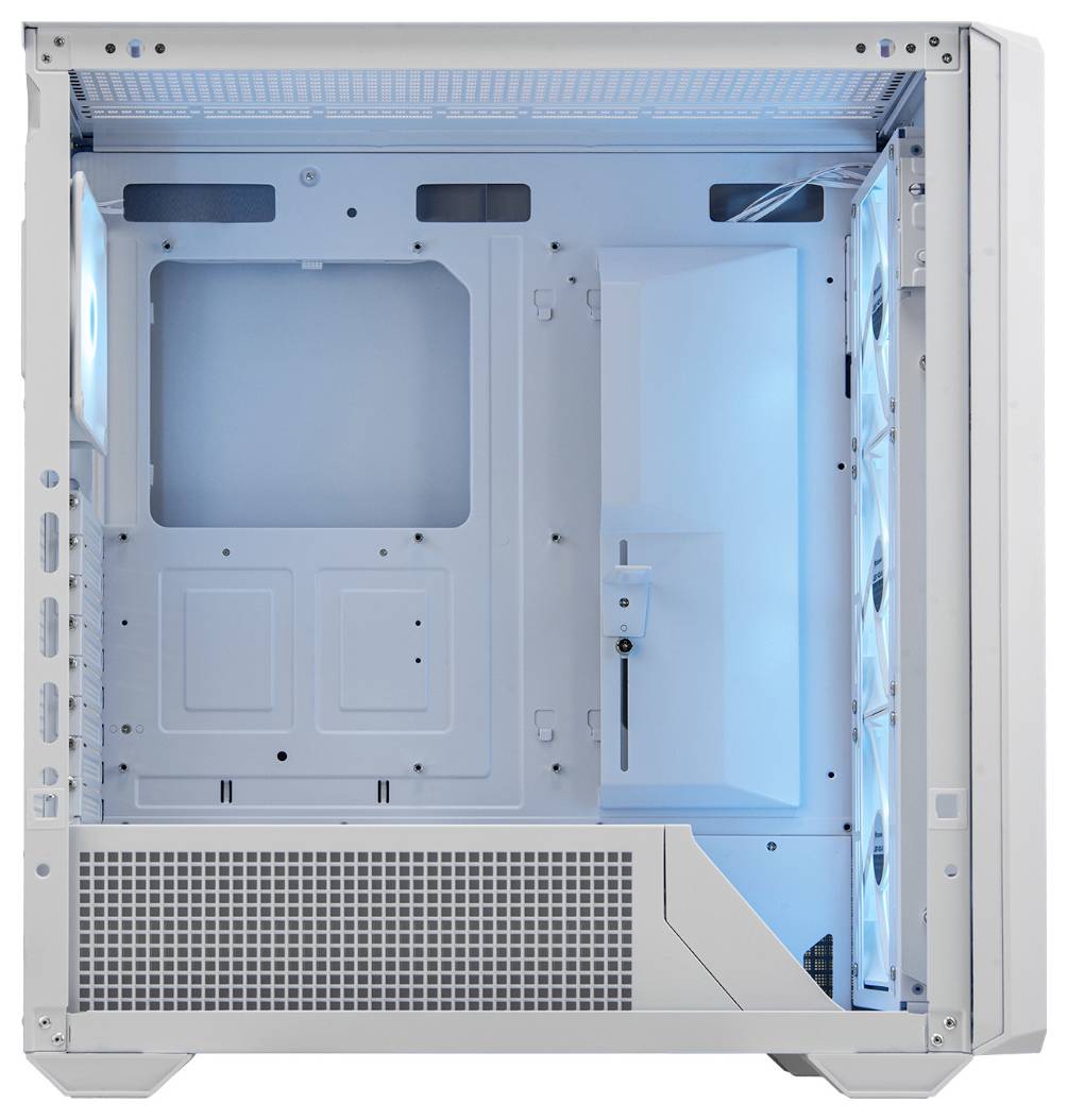 Puste białe obudowa komputerowa z niebieskim światłem wewnętrznym. Widoczne są otwory wentylacyjne oraz mocowania dla podzespołów wewnątrz.