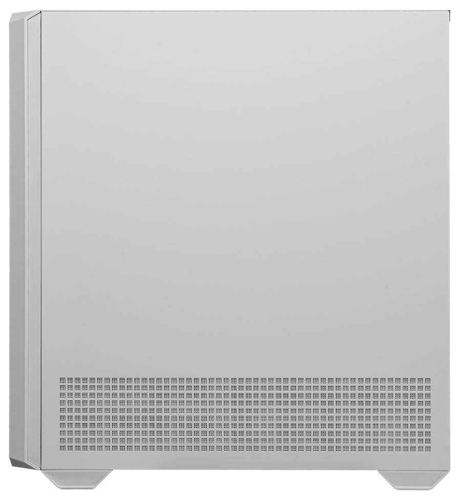 Srebrzyste obudowa komputera w pozycji pionowej z otworami wentylacyjnymi u dołu. Tył jest gładki i minimalistyczny.