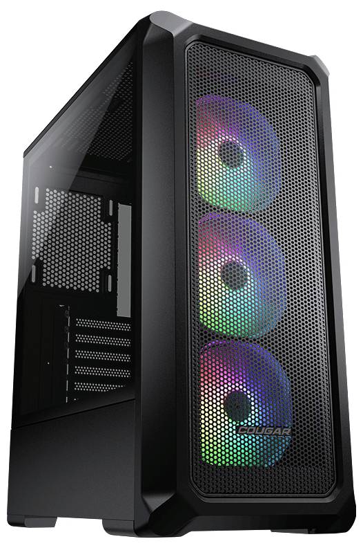 Czarna obudowa komputera z przezroczystą boczną ścianką, prezentująca trzy wentylatory z podświetleniem RGB z przodu.