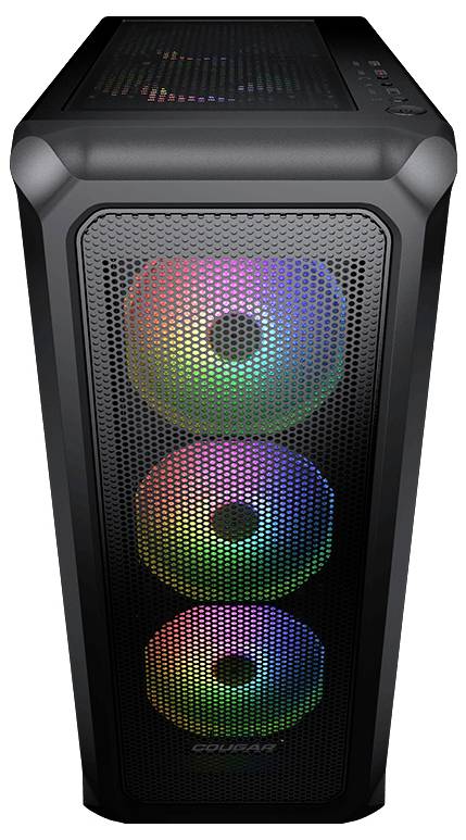 Obudowa komputera do gier z trzema podświetlanymi wentylatorami w różnych kolorach za siatką przesłaniającą.