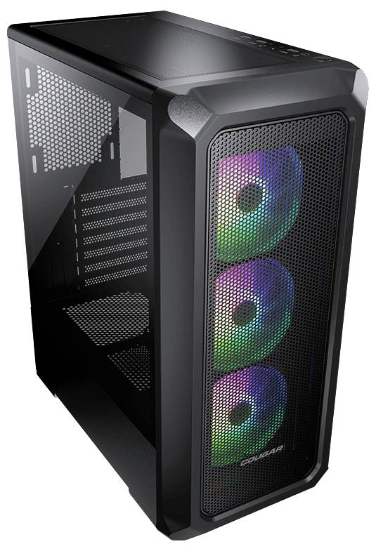 Czarna obudowa komputera z trzema widocznymi, podświetlanymi wentylatorami na przedniej ścianie, świecącymi w różnych kolorach.