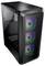 Czarna obudowa komputera z trzema widocznymi, podświetlanymi wentylatorami na przedniej ścianie, świecącymi w różnych kolorach.