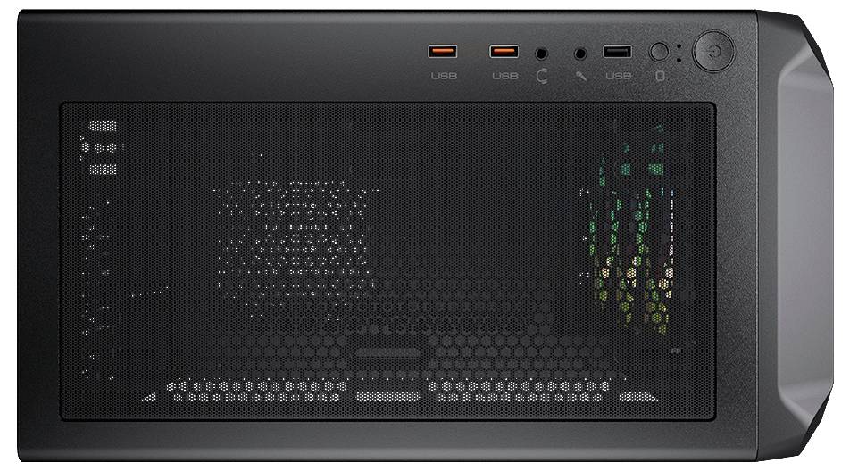 Czarno-metalowa obudowa komputera widziana z góry, z widocznymi kratkami wentylacyjnymi i wewnętrznymi wentylatorami. Z przodu widoczne są złącza i przyciski.