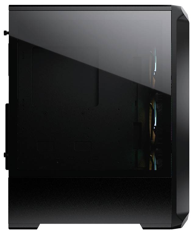 Czarna obudowa komputera z przezroczystym panelem bocznym, ukazująca wnętrze. Widoczne są wentylatory i zarządzanie okablowaniem.