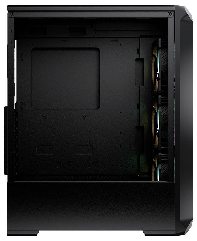 Czarna obudowa komputera bez zamontowanych podzespołów, wyposażona w kilka wentylatorów z boku, przeznaczona do zbudowania komputera stacjonarnego.
