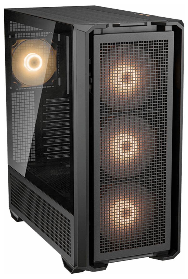 Obudowa komputera z oknem ze szkła oraz podświetlanymi wentylatorami z przodu i z tyłu. Czarna, z osłoną zasilacza.