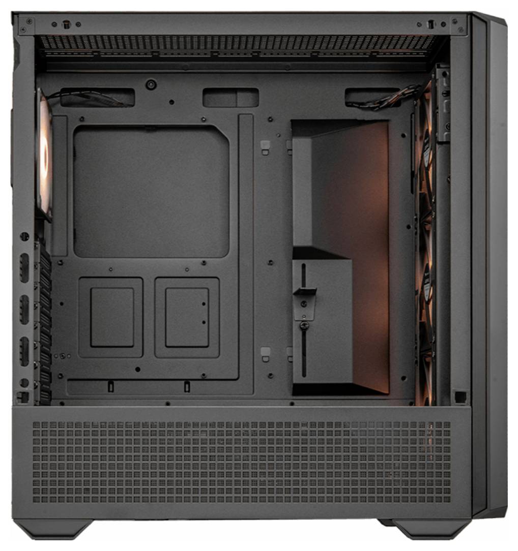 Pusta obudowa komputera z wolną przestrzenią wewnętrzną. Po prawej stronie znajdują się miejsca na wentylatory. Widok z zewnątrz prezentuje prosty, nowoczesny design.