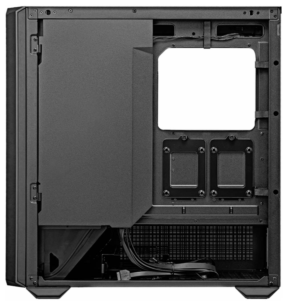 Obudowa komputera z otwartą konstrukcją, z widocznymi kablami i mocowaniami do zamocowania podzespołów.