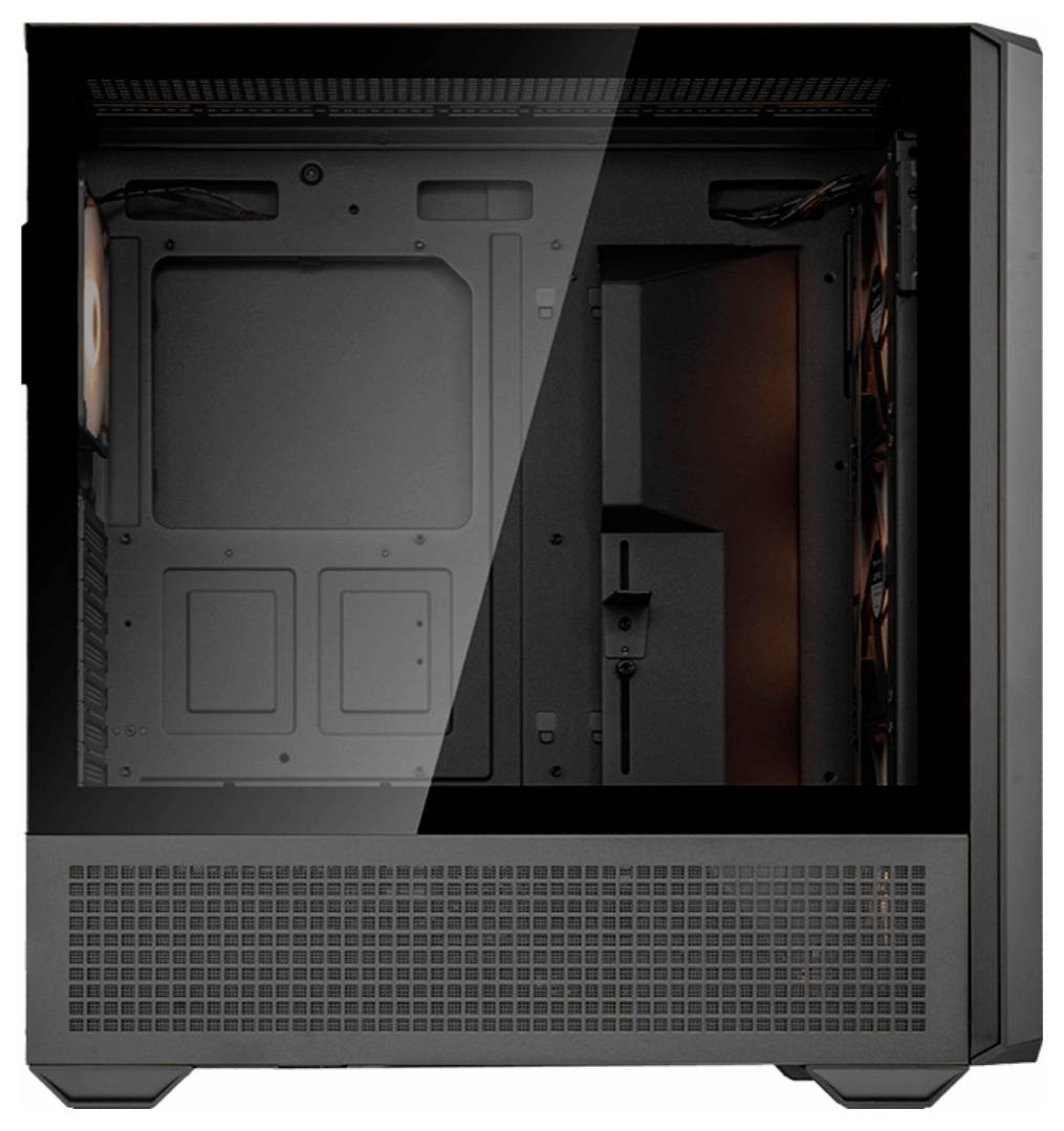 Czarne obudowa komputerowa z przezroczystym oknem bocznym, prezentująca wnętrze z mocowaniami wentylatorów i funkcjami zarządzania kablami.