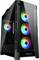 Czarna obudowa komputera z przezroczystą ścianką boczną prezentuje trzy kolorowe, świecące wentylatory na przedniej części. We wnętrzu widoczne jest staranne prowadzenie kabli.