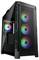 Czarna obudowa komputera ze szklaną przednią ścianką, w której widoczne są trzy wentylatory świecące w różnych kolorach.