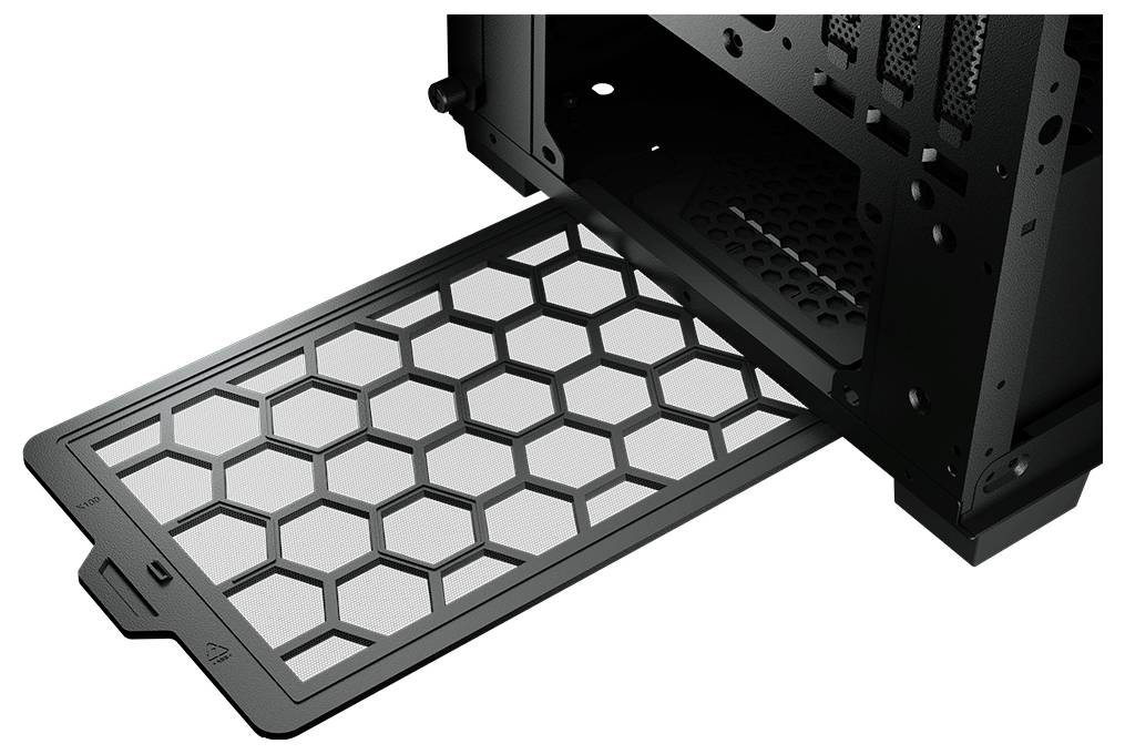 Czarny, zdejmowany filtr powietrza do komputera o strukturze plastra miodu jest częściowo wysunięty z obudowy.