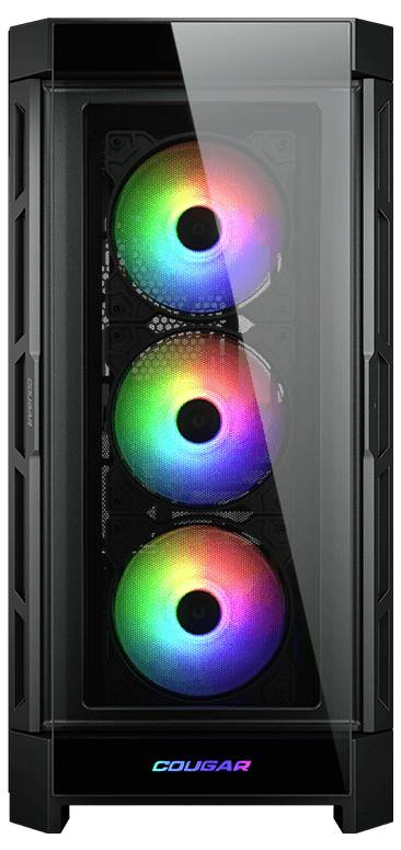 Obraz przedstawia obudowę komputera z trzema kolorowymi, podświetlanymi wentylatorami na przedniej ścianie. Wentylatory świecą w kolorach tęczy.