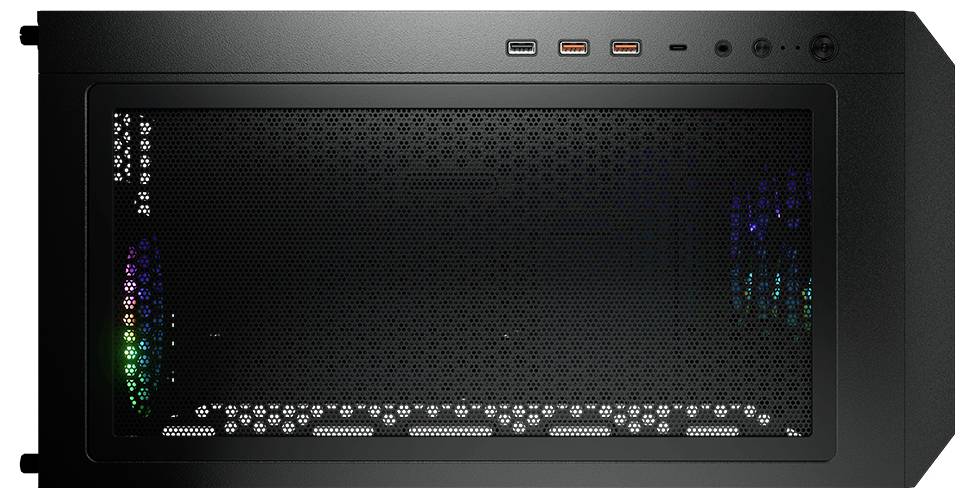 Obudowa komputera widziana od góry z czarną siatką wentylacyjną, dwoma złączami USB, złączem USB-C oraz widocznymi wewnętrznymi wentylatorami.