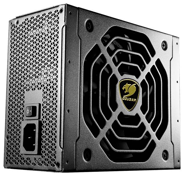 Czarna obudowa zasilacza komputerowego z wentylatorem z przodu i włącznikiem sieciowym z boku. Logo marki 'Cougar' widoczne na kracie wentylatora.