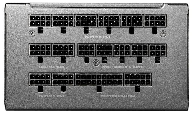 Tylna strona zasilacza z wieloma gniazdami PCIe, CPU, SATA i złączami płyty głównej, przedstawiająca możliwości podłączenia.