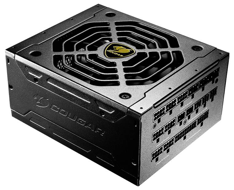 Czarny zasilacz komputerowy z dużym wentylatorem na górze i kilkoma gniazdami przyłączeniowymi z boku.