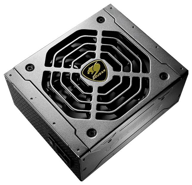 Czarna jednostka zasilająca komputera z kratką wentylacyjną i złotym logo pośrodku. Posiada proste, nowoczesne wzornictwo.