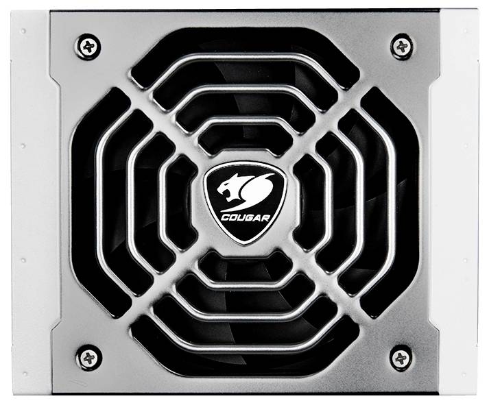 Ilustracja zasilacza komputerowego z kratką wentylatora i logo "Cougar" pośrodku, otoczona czterema śrubami mocującymi.