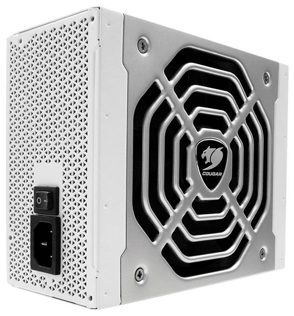 Srebrny zasilacz komputerowy z kratką wentylatora i przełącznikiem z tyłu. Znak firmowy pośrodku kratki wentylatora.