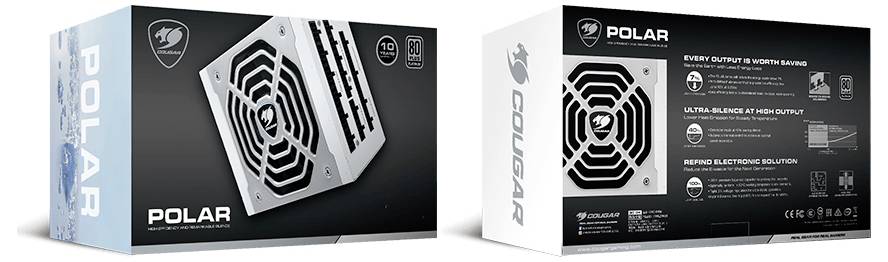 Dwa kartony zasilacza COUGAR POLAR. Z lewej strona przednia z obrazem zasilacza, z prawej strona tylna z technicznymi szczegółami i diagramami.