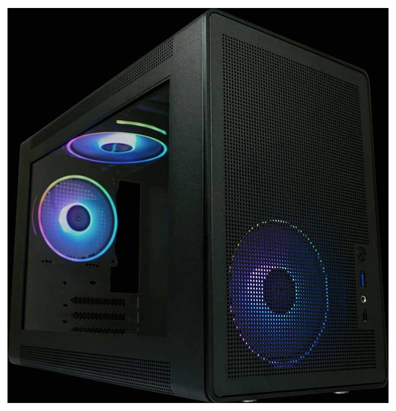 Czarna obudowa komputera z oknem bocznym prezentuje kolorowe wentylatory RGB, które świecą na niebiesko i fioletowo.