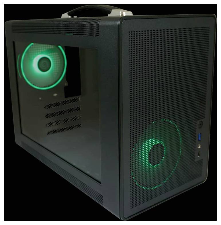Czarna obudowa komputera z przezroczystą ścianką boczną i zieloną podświetlką LED na dwóch wentylatorach.