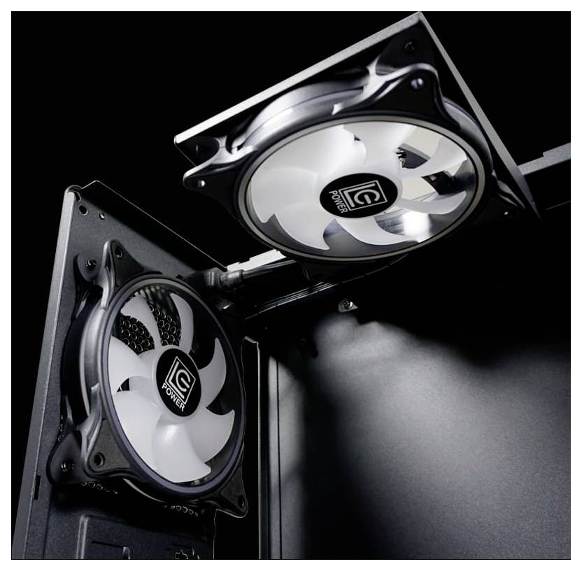 Obudowa komputera z dwoma wbudowanymi wentylatorami oznaczonymi logo 'LC Power'. Wentylatory są zamontowane w otwartej pokrywie obudowy.