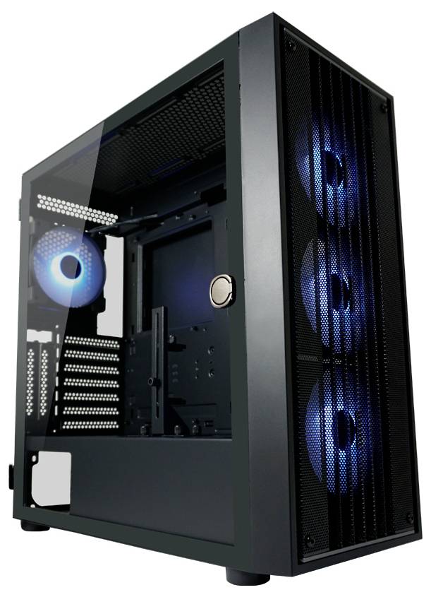 Komputer z widocznymi niebieskimi wentylatorami z przodu i przezroczystą ścianką boczną, idealny do zestawów gamingowych.