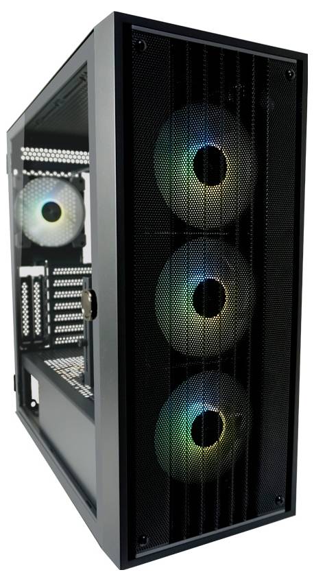 Czarna obudowa komputera z trzema podświetlanymi wentylatorami z przodu oraz jednym wentylatorem z tyłu.