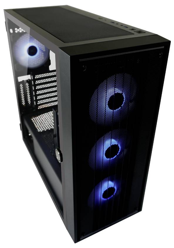 'Czarna obudowa komputera z trzema świecącymi wentylatorami z przodu i jednym z tyłu.'