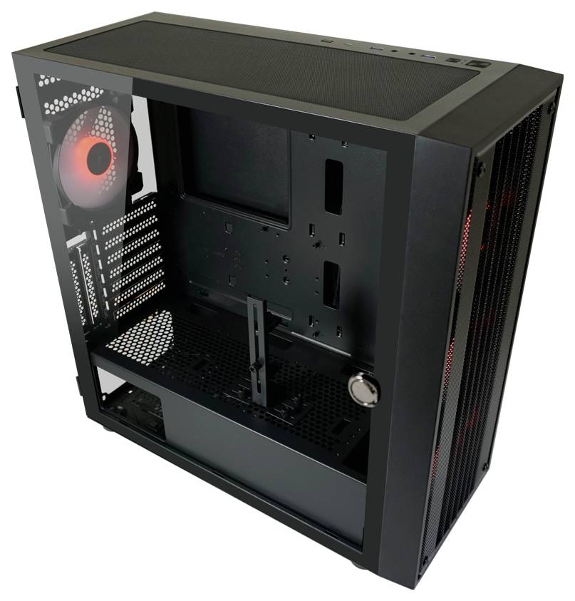 Czarna obudowa komputerowa z czerwono podświetlanym wentylatorem wewnątrz, bez zainstalowanych podzespołów. Idealna do projektów budowy komputera.