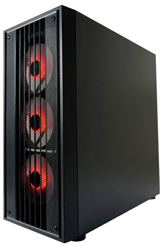Czarna obudowa komputera z trzema widocznymi czerwonymi wentylatorami z przodu.
