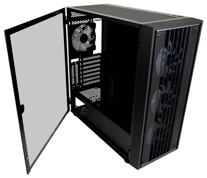 Otwarta obudowa komputera z widocznymi wentylatorami i miejscem na instalację podzespołów.