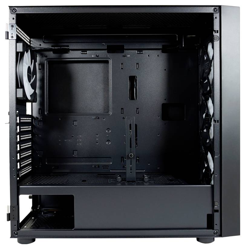 Czarna obudowa komputerowa z pustą przestrzenią wewnętrzną, wieloma wentylatorami i filtrami przeciwkurzowymi. Idealna do składania komputerów w formacie tower z odpowiednią wentylacją.