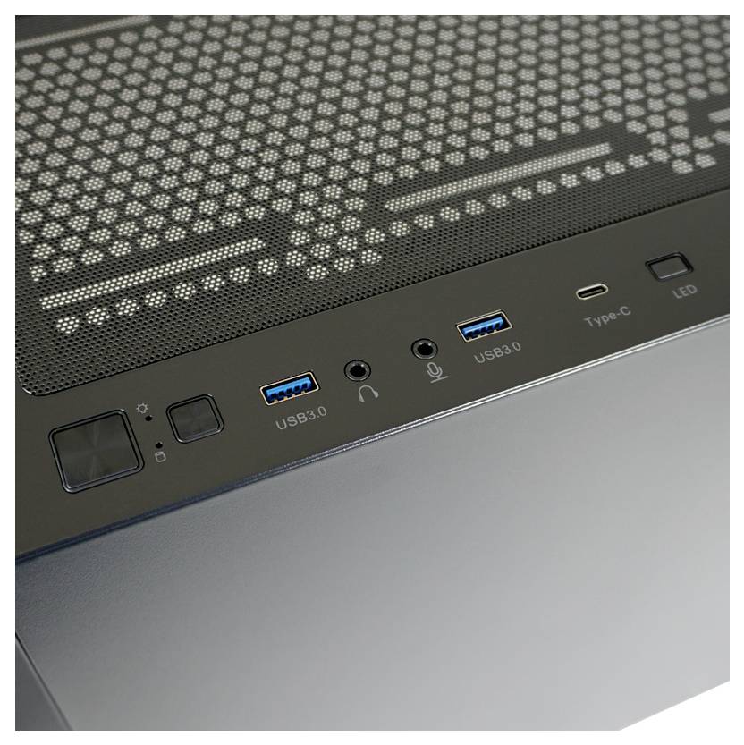 Górna przednia część obudowy komputera z gniazdami USB 3.0 i USB-C, portami mikrofonowymi i słuchawkowymi oraz przyciskiem LED.