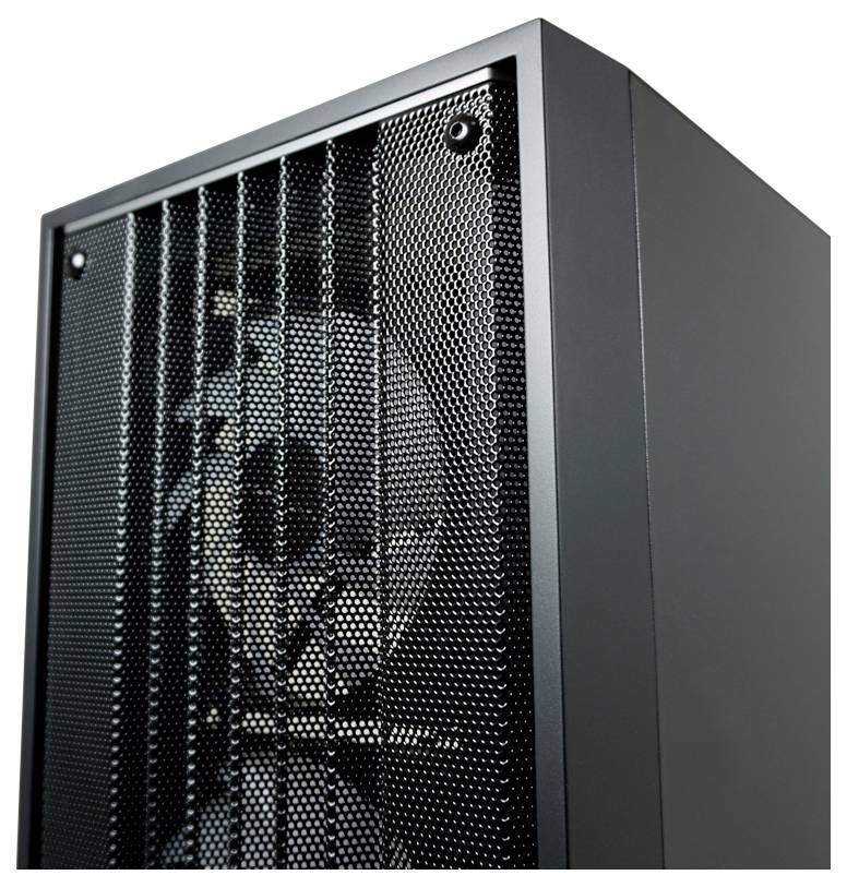 Czarna obudowa komputera z widocznym wentylatorem za kratką.