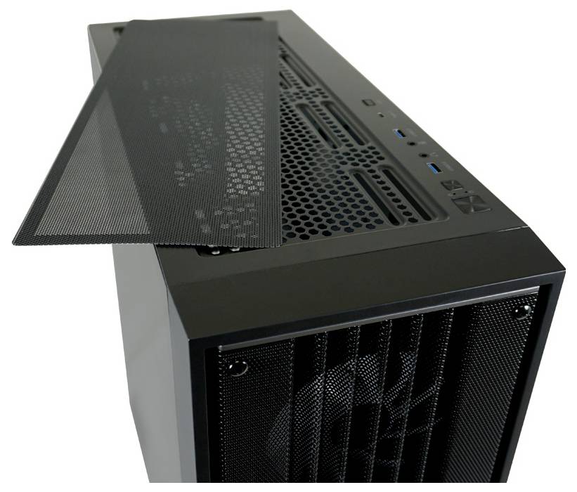 Czarne obudowa komputera z zdejmowalną, perforowaną pokrywą górną. Widoczne są dwa porty USB oraz kratka wentylacyjna.