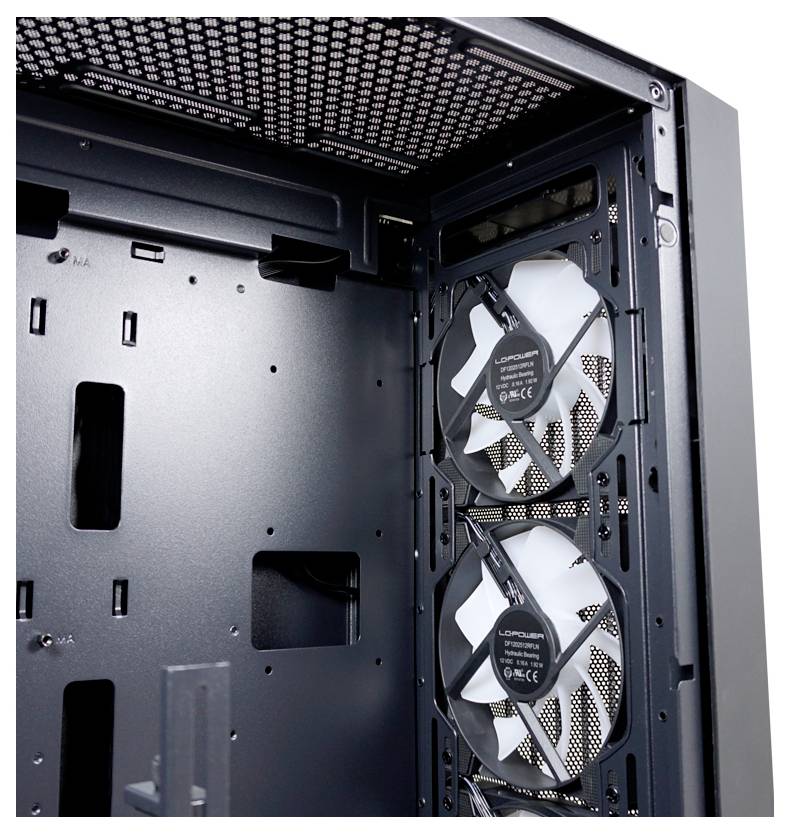 Przestronna obudowa komputerowa z dwoma zainstalowanymi wentylatorami zapewniającymi skuteczne chłodzenie. Odpowiednia do rozbudowy wydajnego sprzętu.