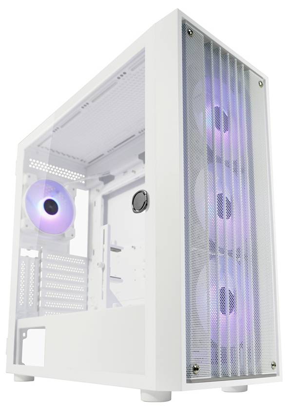 Białe obudowa komputera PC z przezroczystymi bokami i wieloma kolorowymi wentylatorami RGB z przodu i z tyłu, które świecą różnymi barwami.