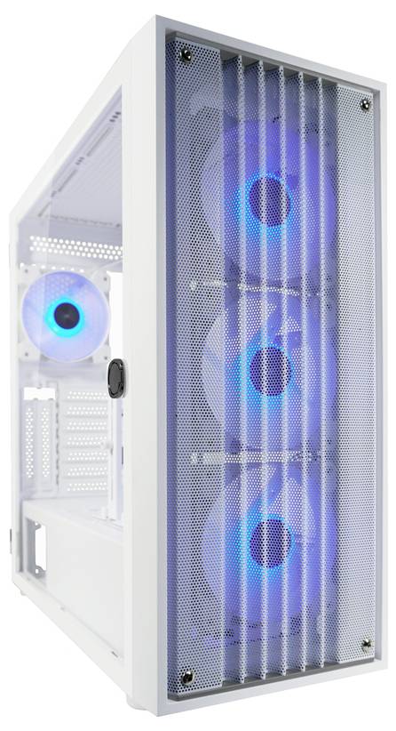 Białe obudowie komputera z oknem bocznym, wyposażone w niebieskie wentylatory LED widoczne z przodu i z tyłu.