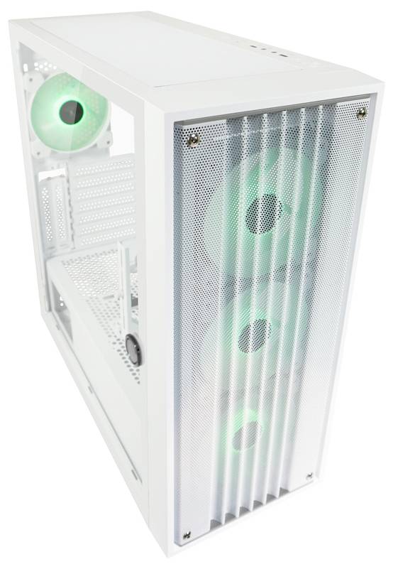 Białe obudowa komputera z widocznymi wentylatorami i zielonym podświetleniem.