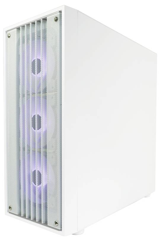 Białe obudowa komputera z widocznymi, podświetlanymi wentylatorami z przodu.