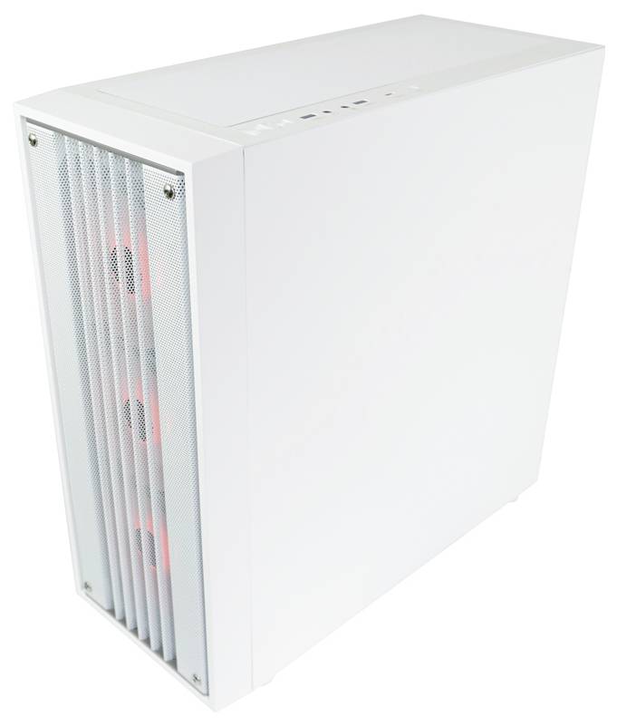 Białe obudowa komputera z widocznymi wentylatorami z przodu oraz kilkoma portami na górnej powierzchni.