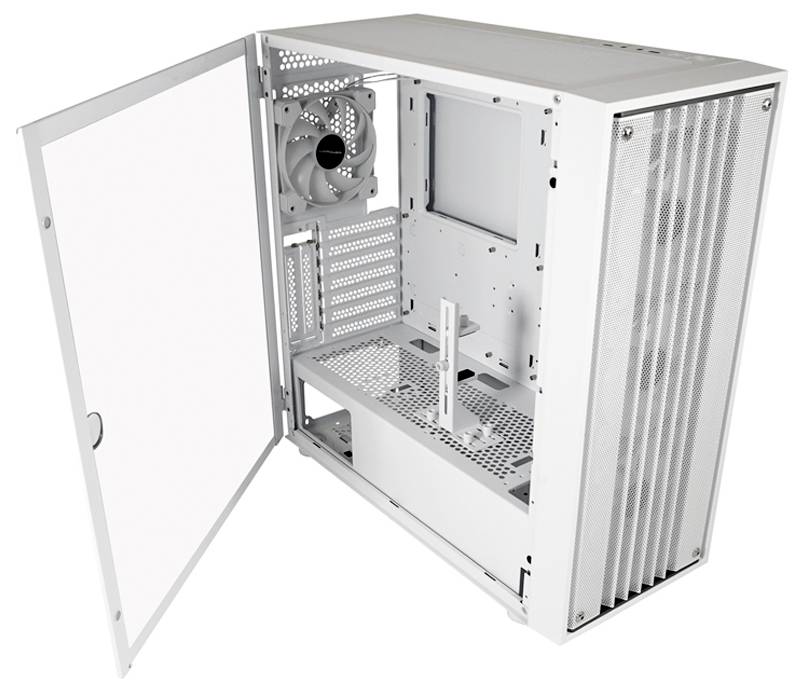 Otwarta, biała obudowa komputera z widocznym wentylatorem i wolną przestrzenią wewnętrzną do montażu podzespołów sprzętowych.