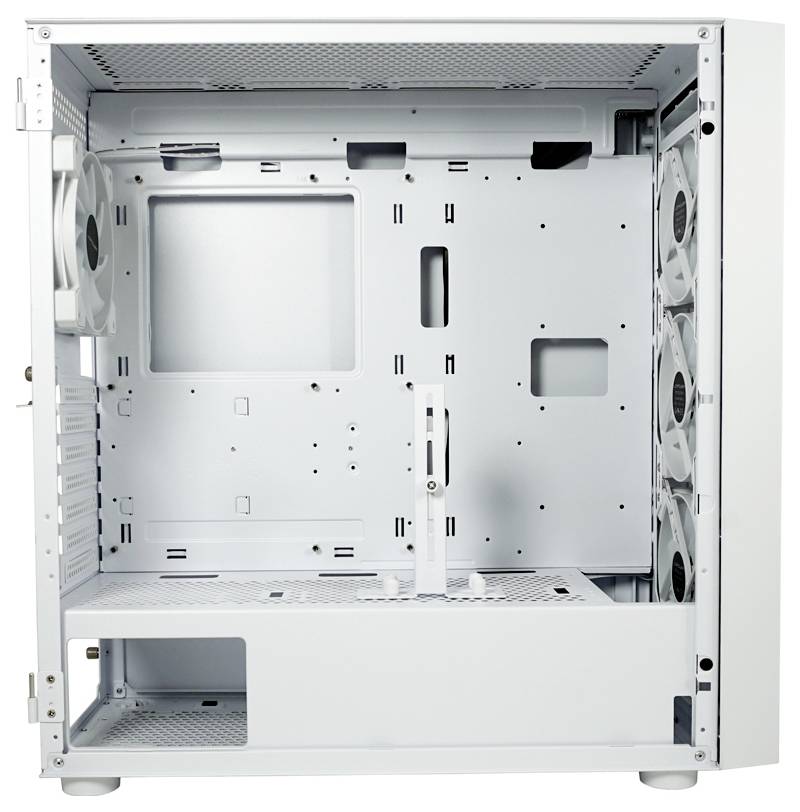 Pusta, biała obudowa komputerowa z wieloma mocowaniami wentylatorów oraz przestrzenią na płytę główną i inne komponenty.